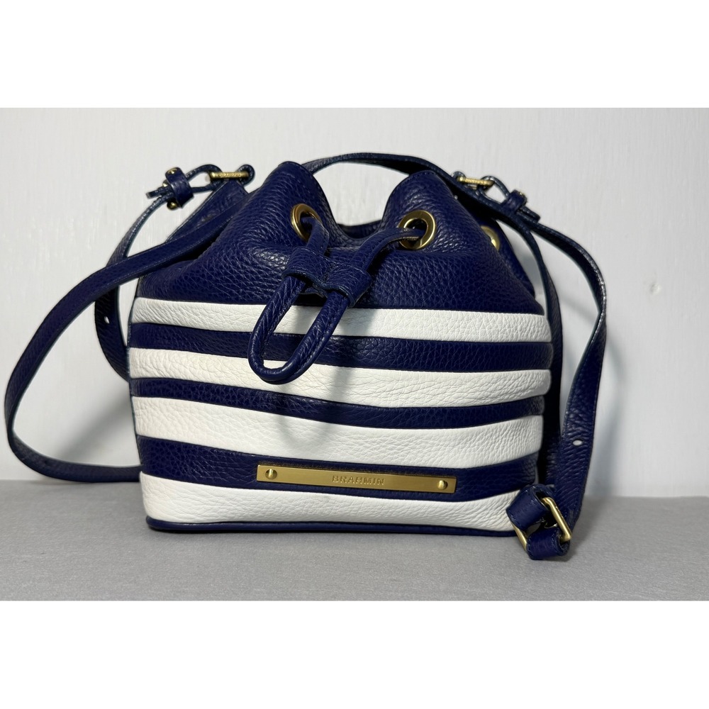 Brahmin Lexie Iris Corsica Navy White Striped Leather Drawstring Bucket Bag